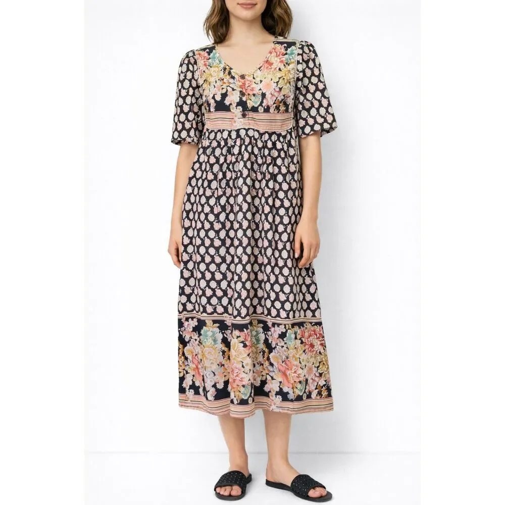 Vintage Vermont Country Store Maxi Dress Patchwork Floral Black Pink Size Small